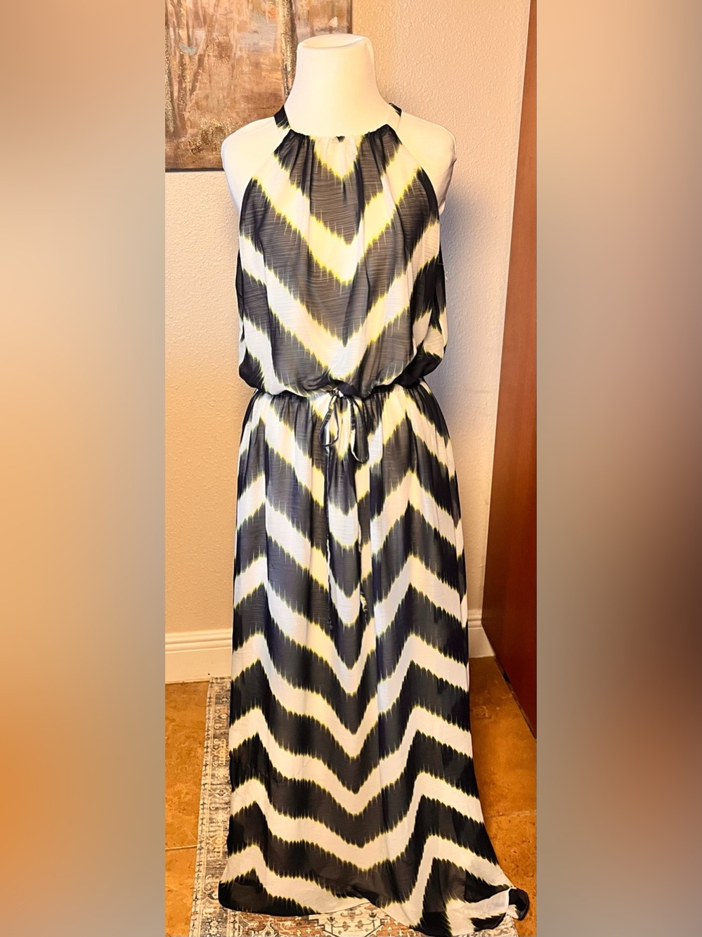 Vince Camuto Black, White & Yellow Chevron Halter Maxi Dress